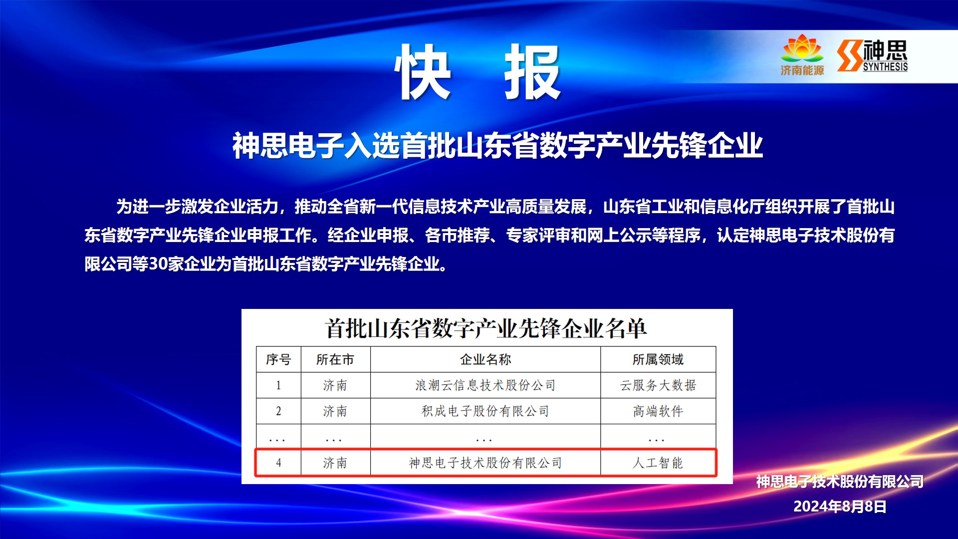 神思電子入選首批山東省數字産業先鋒企業